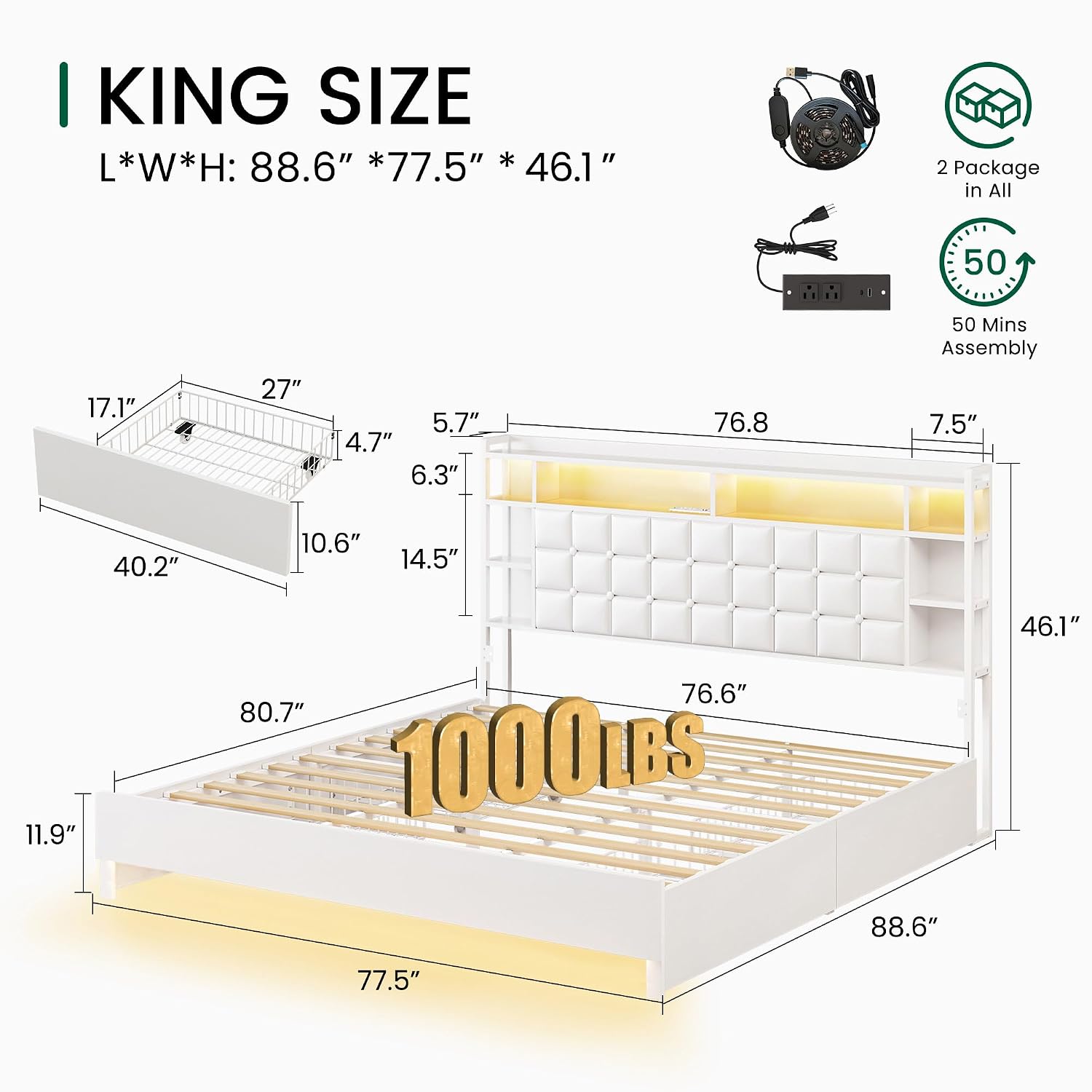 King Size Bed Frame With Storage Drawers - King-Size-Bettgestell aus Holz mit Schubladen und