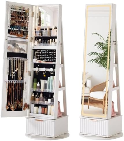 Full Length Mirror Jewelry Armoire - Geriffelt 360 ° Drehbarer Schmuckschrank mit