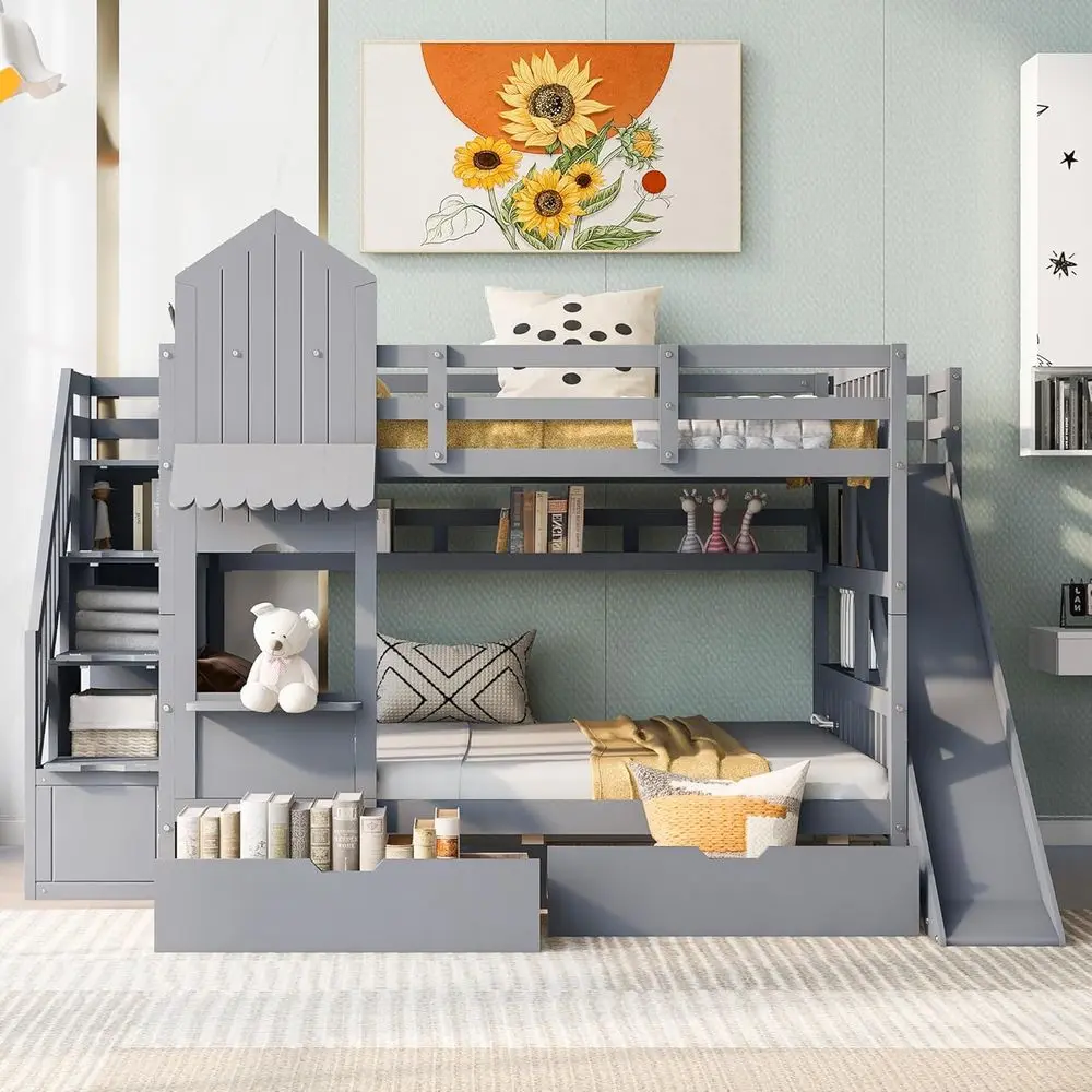 Bunk Bed With Stairs And Slide - Vollgroßes Etagenbett mit Treppe, Rutsche, Aufbewahrungsschubladen