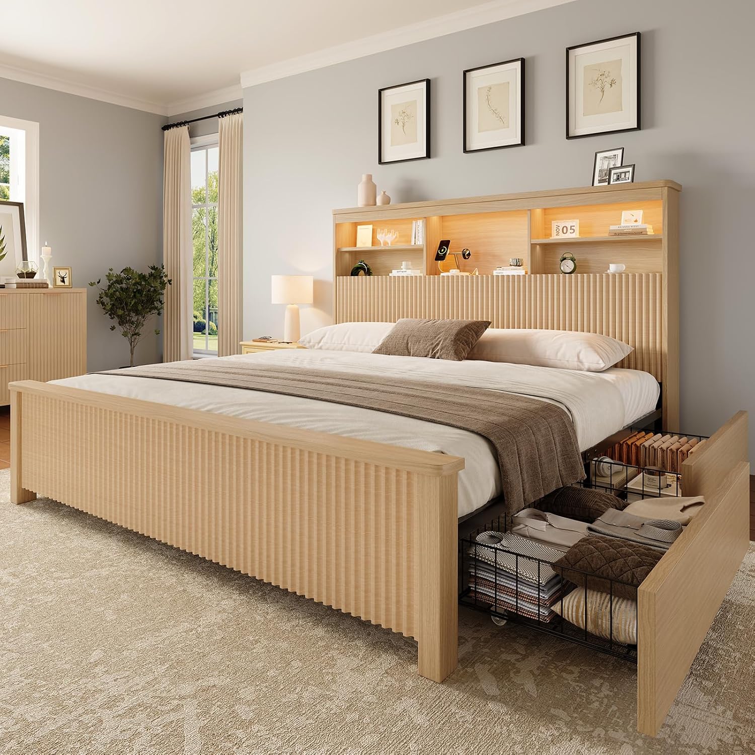Canopy Bed Frame Metal Queen - Queen-Size-Bettgestell mit 4 Aufbewahrungsschubladen, Naturfarben |