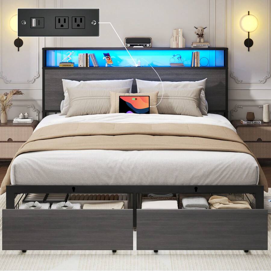 Canopy Bed Frame Metal Queen - Queen- & Full-Bettgestell mit Stauraum, 2-stufigem
