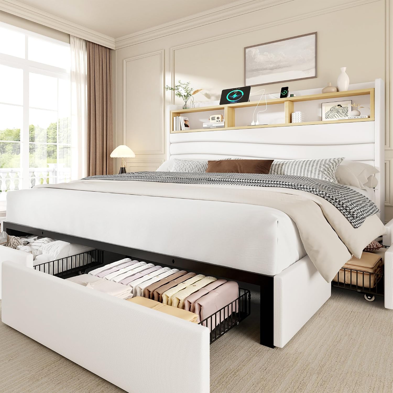 King Size Bed Frame With Storage Drawers - Kingsize-Bettgestell mit 6 Aufbewahrungsschubladen, Leinenbezogenes Plattformbett