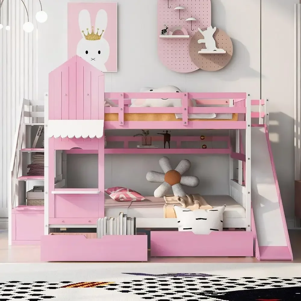 Bunk Bed With Stairs And Slide - Kinder-Etagenbett mit Treppe, Rutsche und Schubladen,