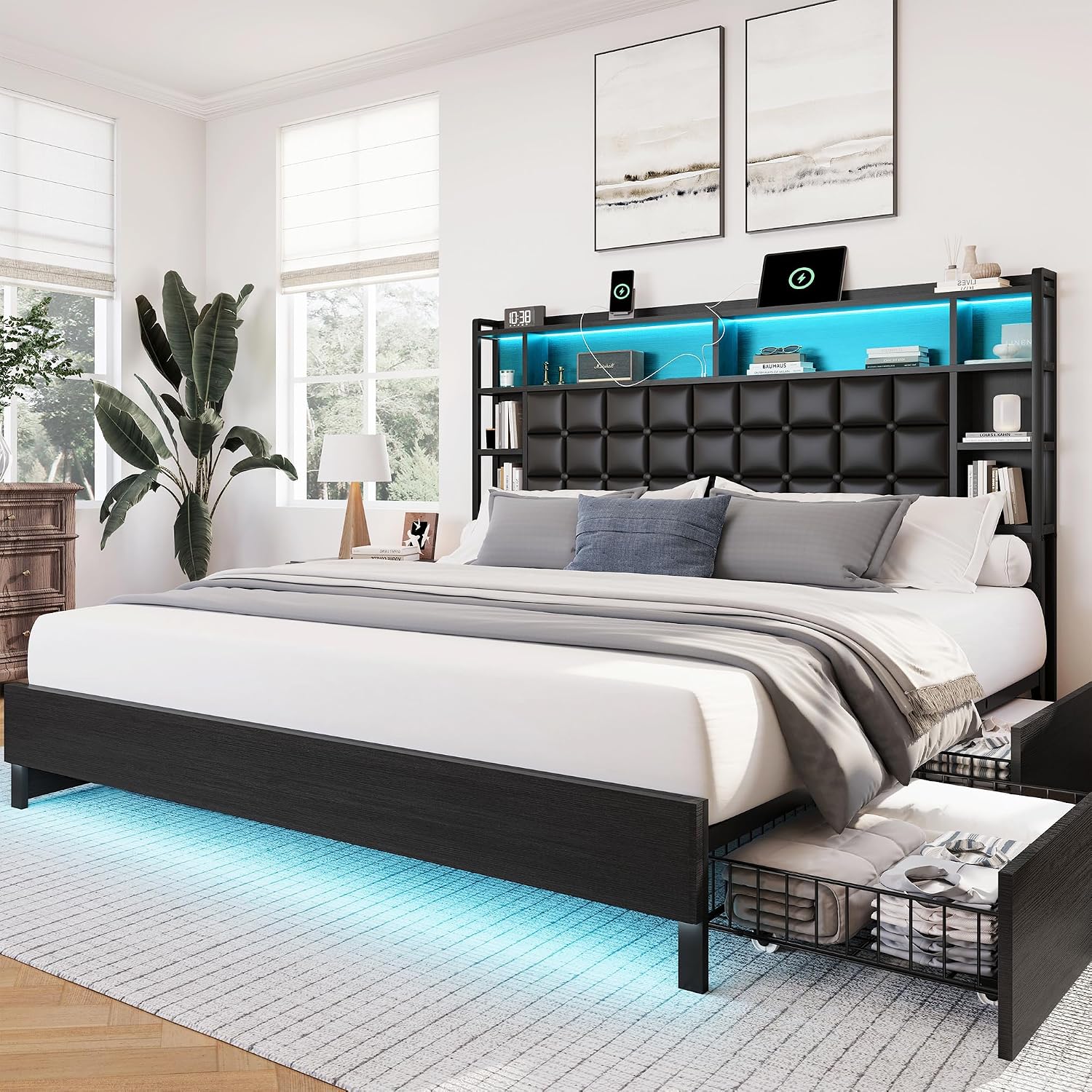 King Size Bed Frame With Storage Drawers - Kingsize-Holzbettgestell mit Stauraum-Schubladen und LED-Kopfteil |
