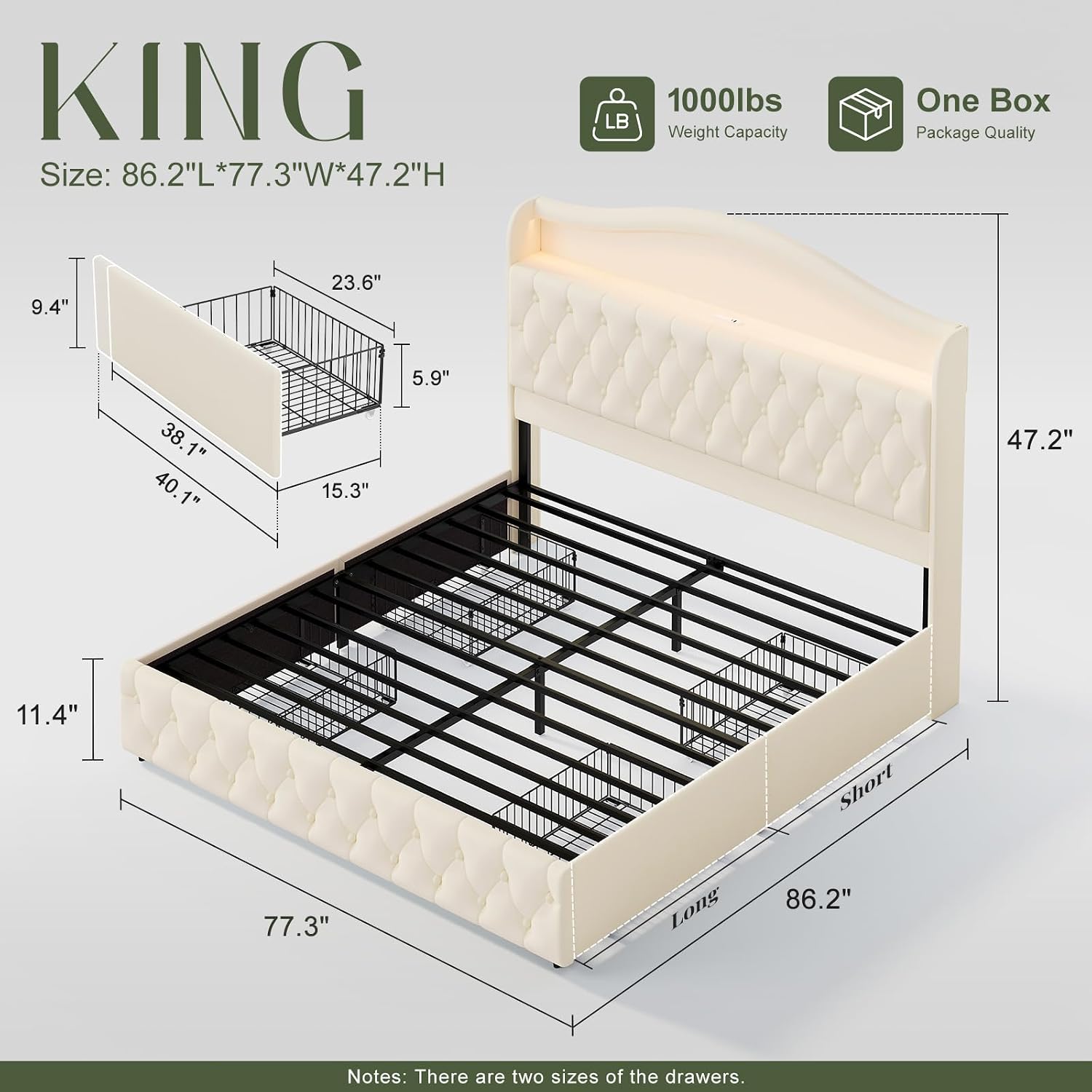 King Size Bed Frame With Storage Drawers - King-Size-Plattformbettgestell mit 4 Aufbewahrungsschubladen, 47,2 Zoll,