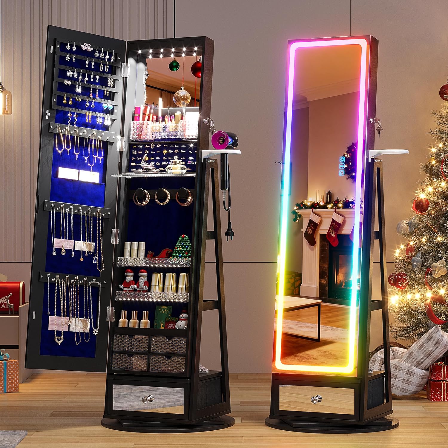 Full Length Mirror Jewelry Armoire - Schmuckaufbewahrungsschrank mit LED-Ganzkörperspiegel, 360° ° Drehbarer