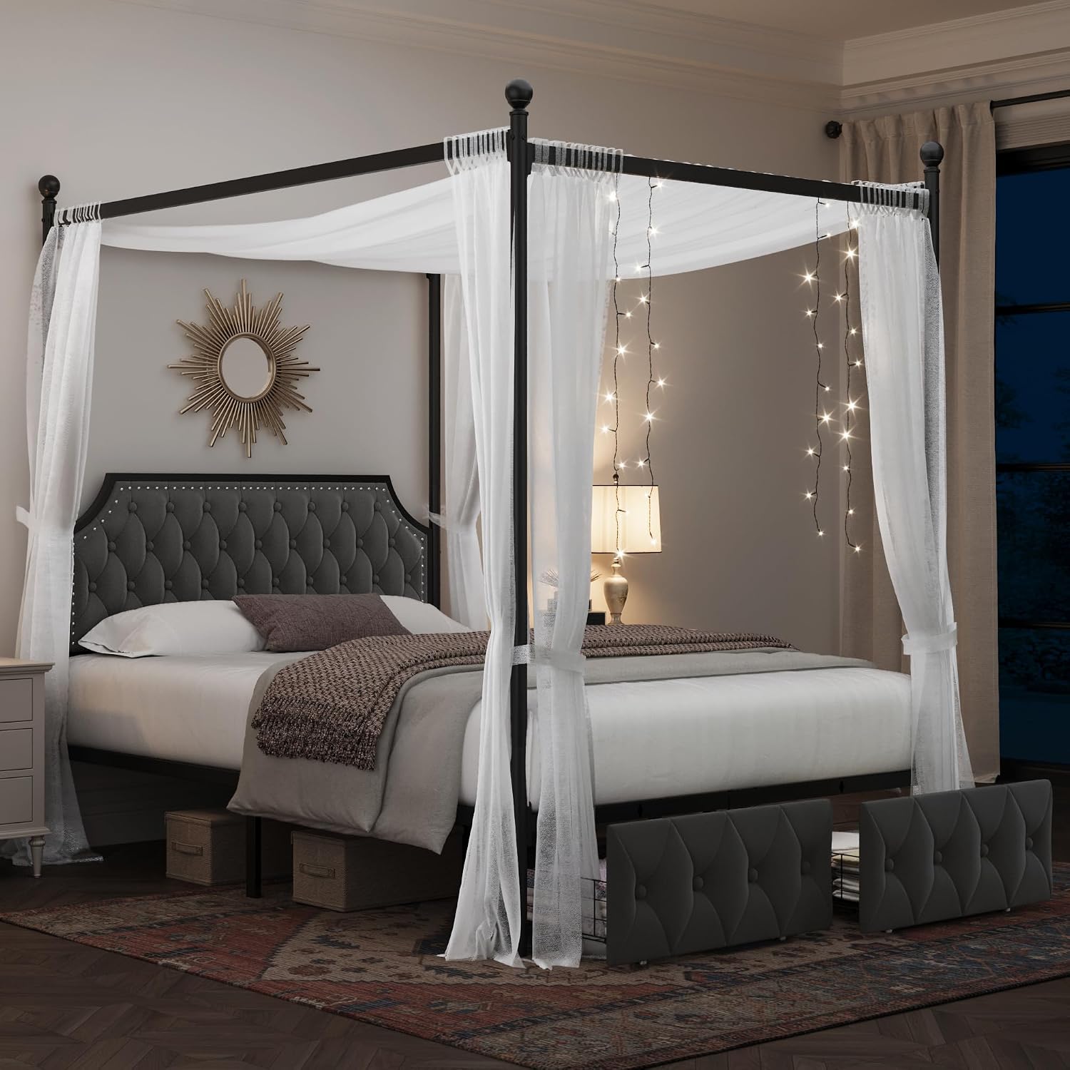 Canopy Bed Frame Metal Queen - Queen-Size-Himmelbett mit Stauraum-Schubladen & Gepolstertem Kopfteil,