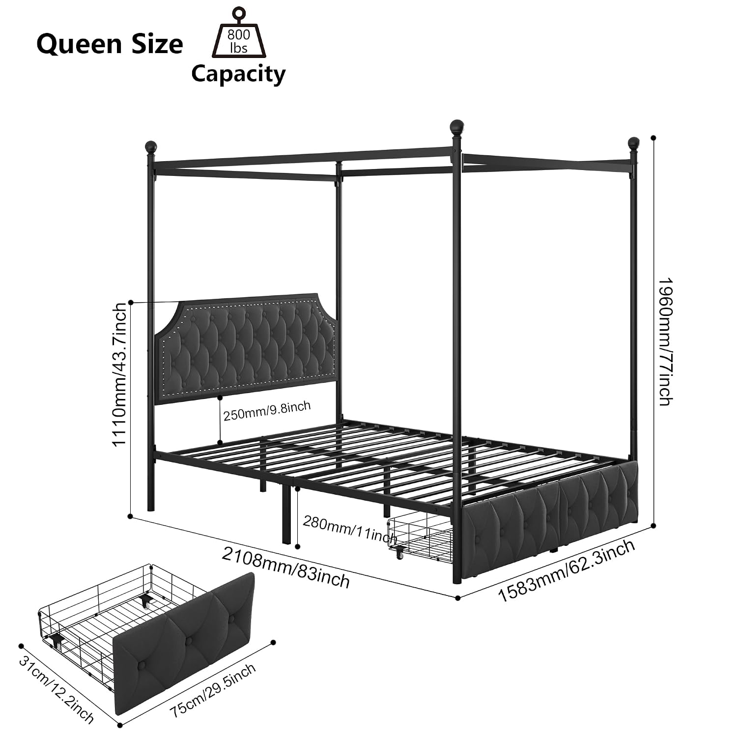 Canopy Bed Frame Metal Queen - Bettgestell mit Himmelbett und Stauraum-Schubladen sowie