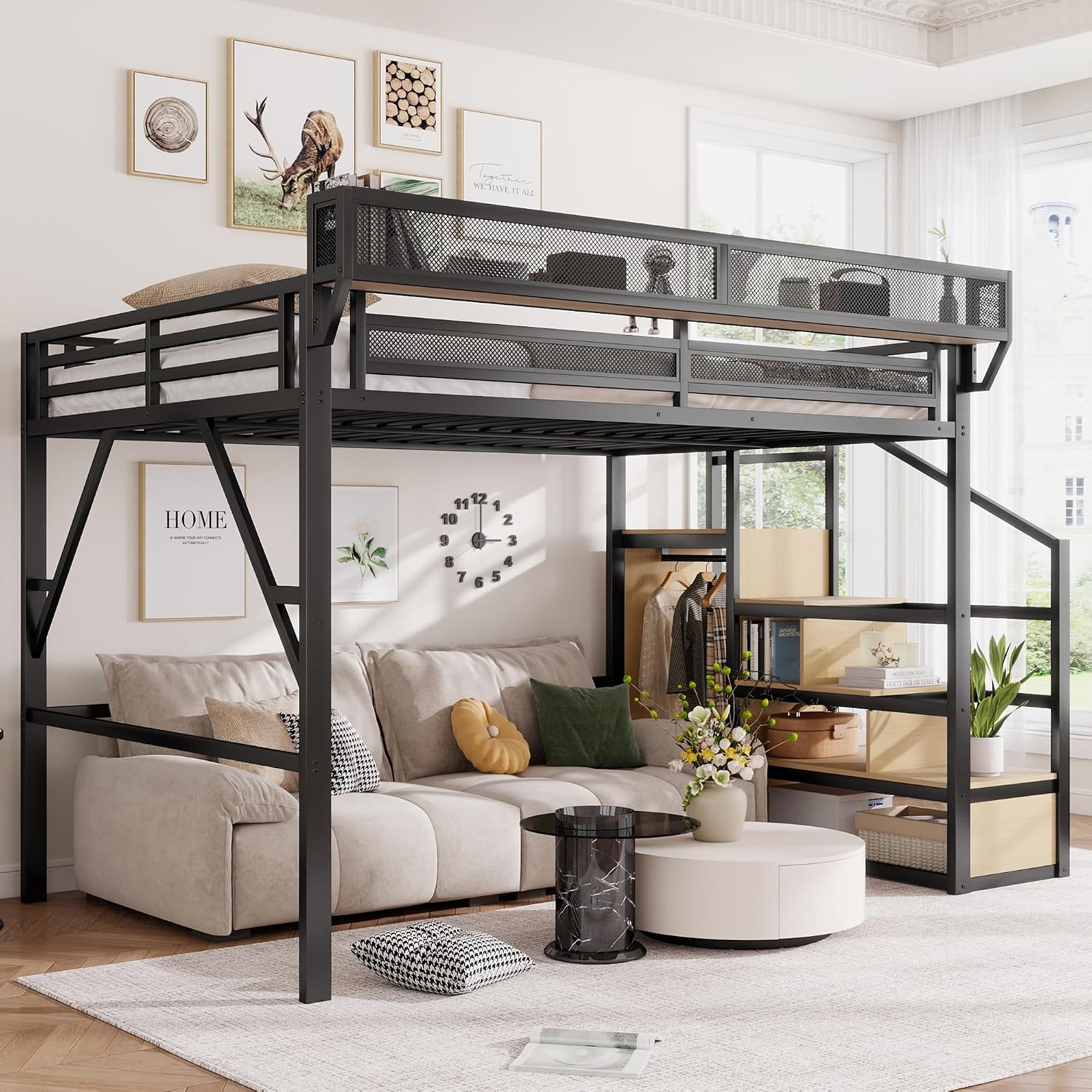 Canopy Bed Frame Metal Queen - Queen-Size Hochbett mit Treppe und Stauraum,
