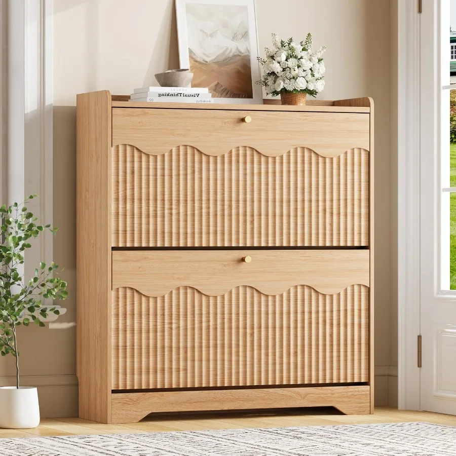 Shoe Rack Cabinet Narrow Entryway - Schuhschrank mit modernen, gewellten, geriffelten Seitenwänden,