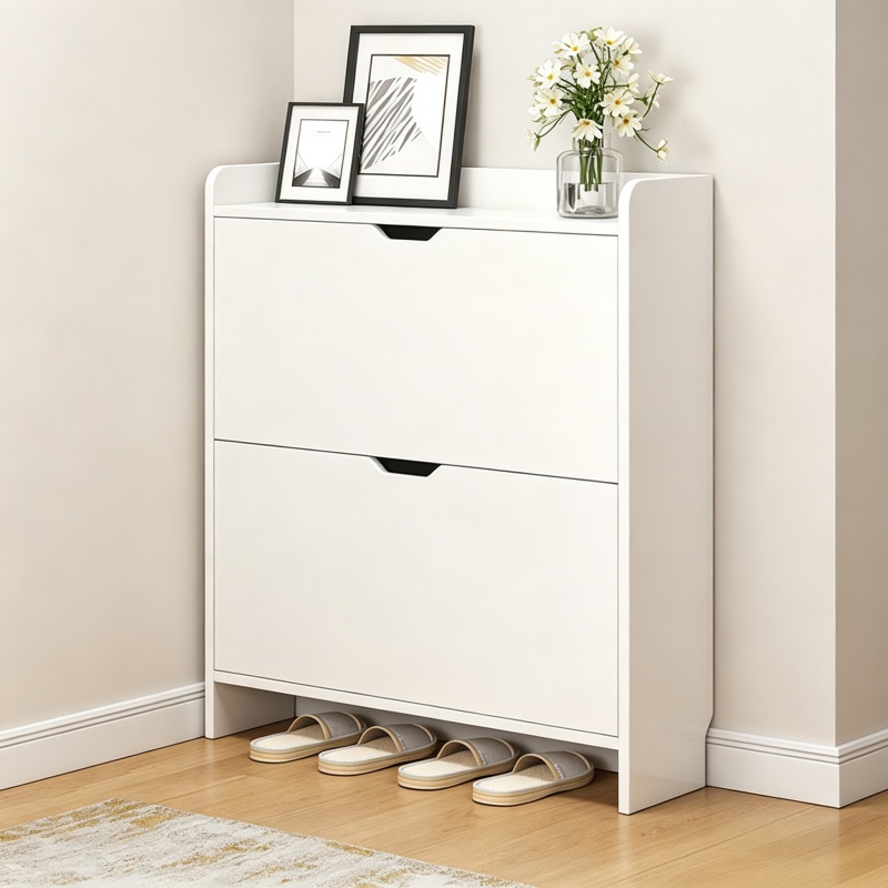 Shoe Rack Cabinet Narrow Entryway - 2-stöckiger Holz-Schuhorganizer-Schrank mit Klappschubladen, schmaler Schuhaufbewahrungsschrank,
