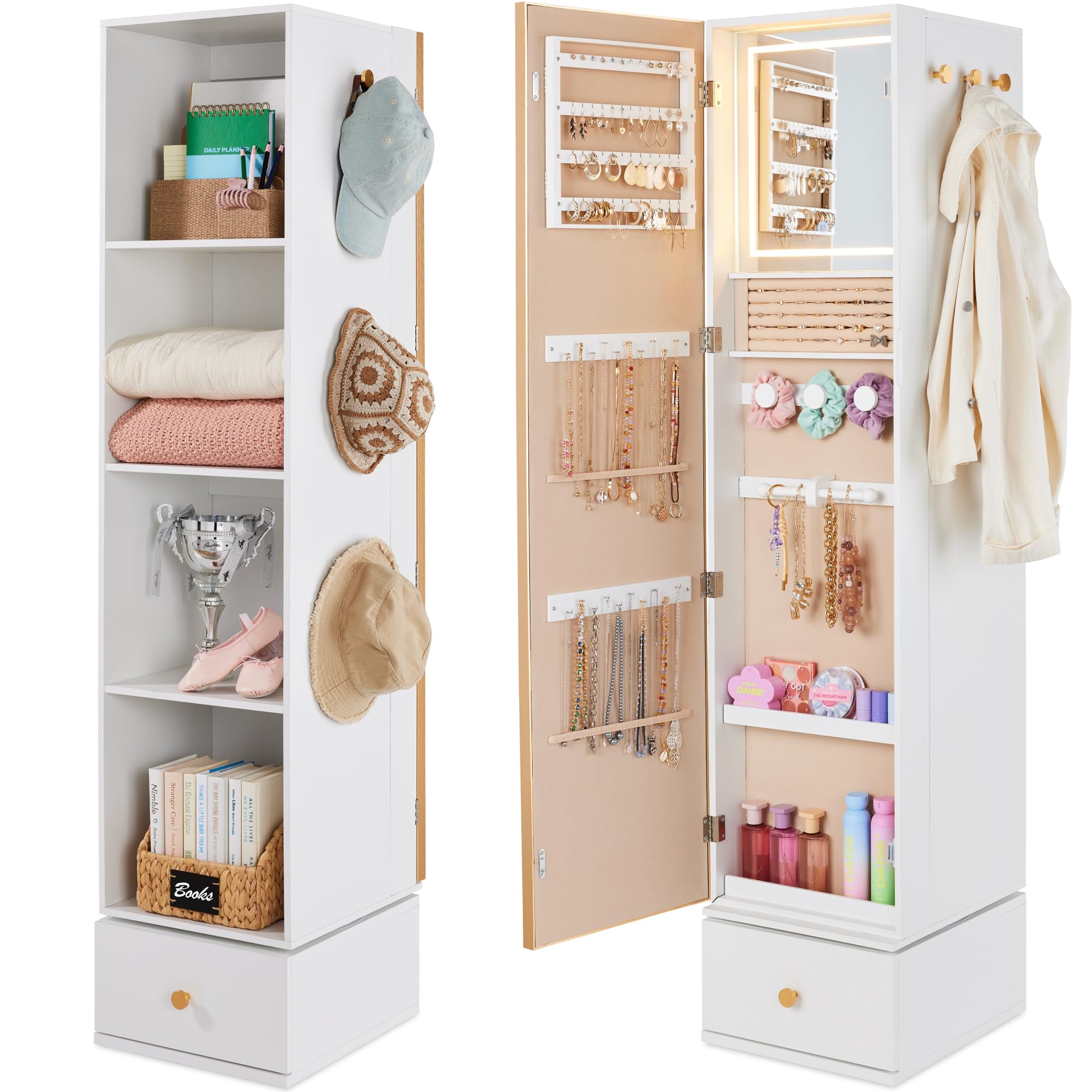 Full Length Mirror Jewelry Armoire - Drehbarer Spiegel mit Aufbewahrungsschrank, 360° drehbarer