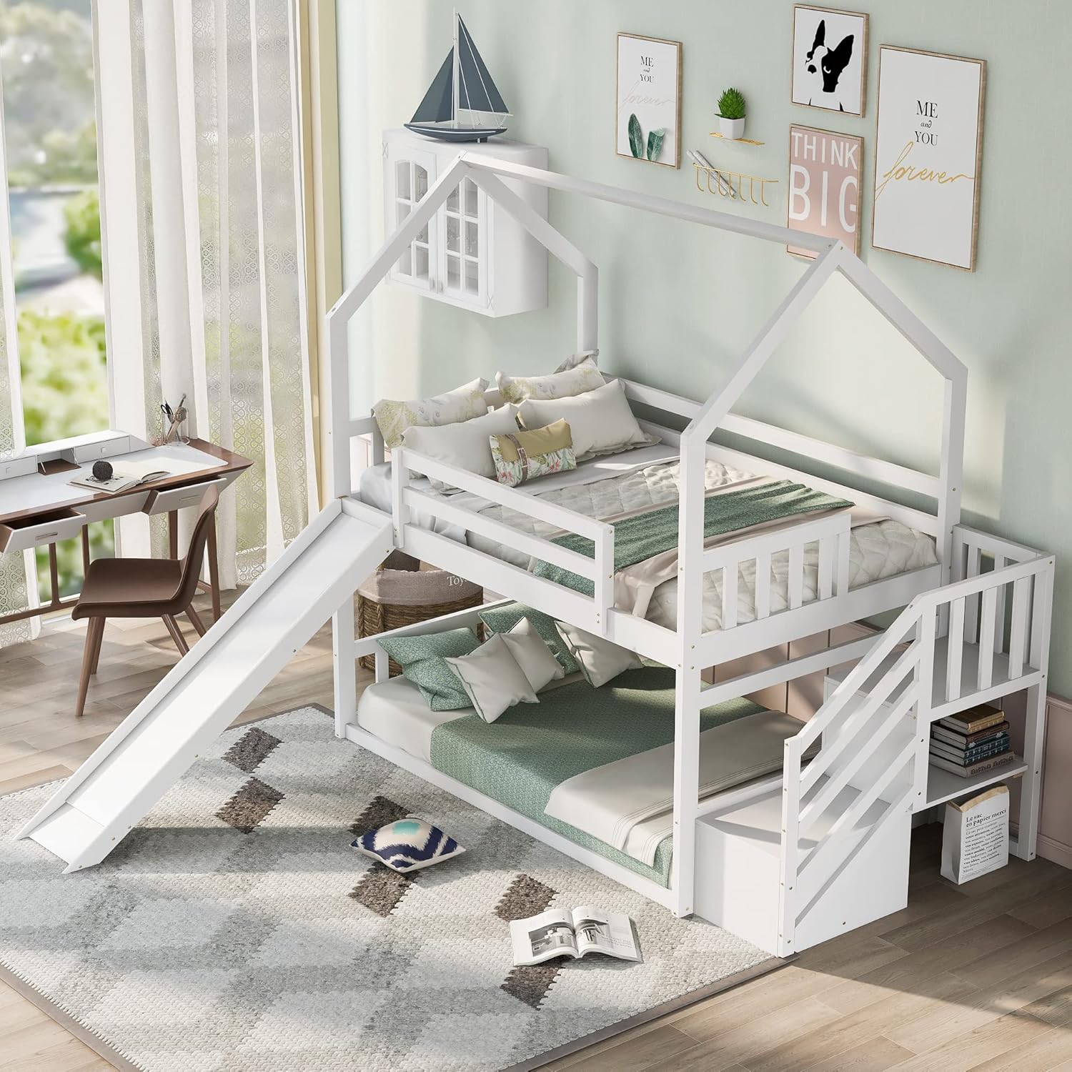 Bunk Bed With Stairs And Slide - Doppelstockbett mit Rutsche und Treppe, Holzhaus-Etagenbettgestell