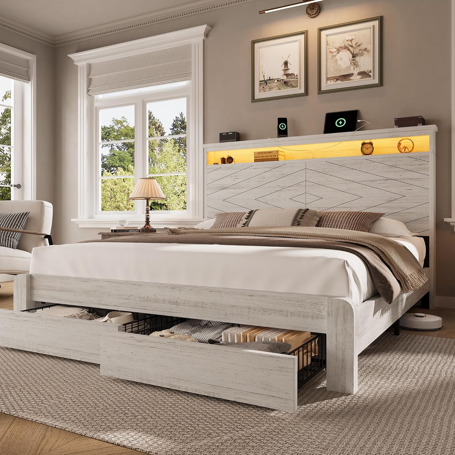 King Size Bed Frame With Storage Drawers - Kingsize-Holzplattformbettgestell mit Kopfteil | 2 Aufbewahrungsschubladen,