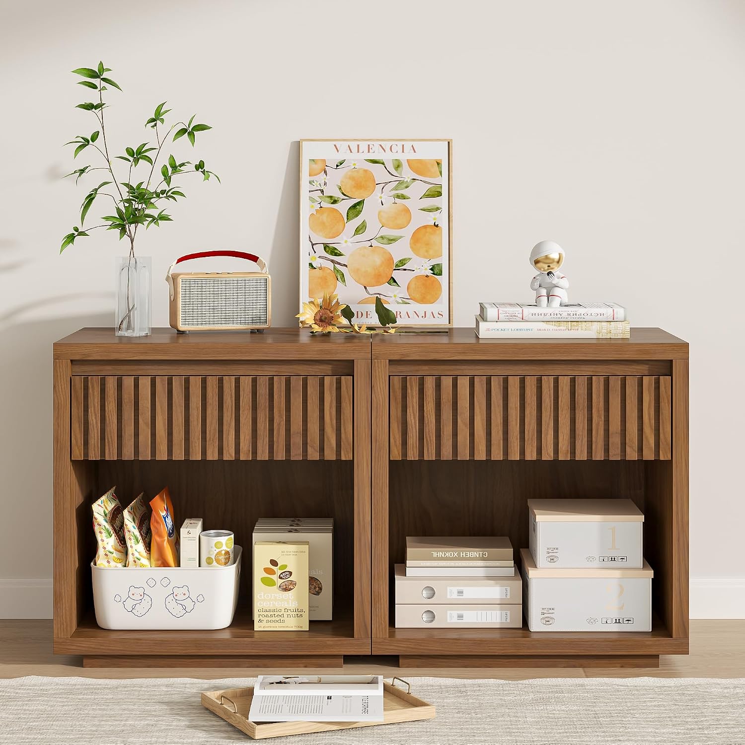 Solid Wood Nightstand 2 Drawers - 2-Schubladen-Nachttisch-Set mit geriffelter Oberfläche und Massivholzplatte