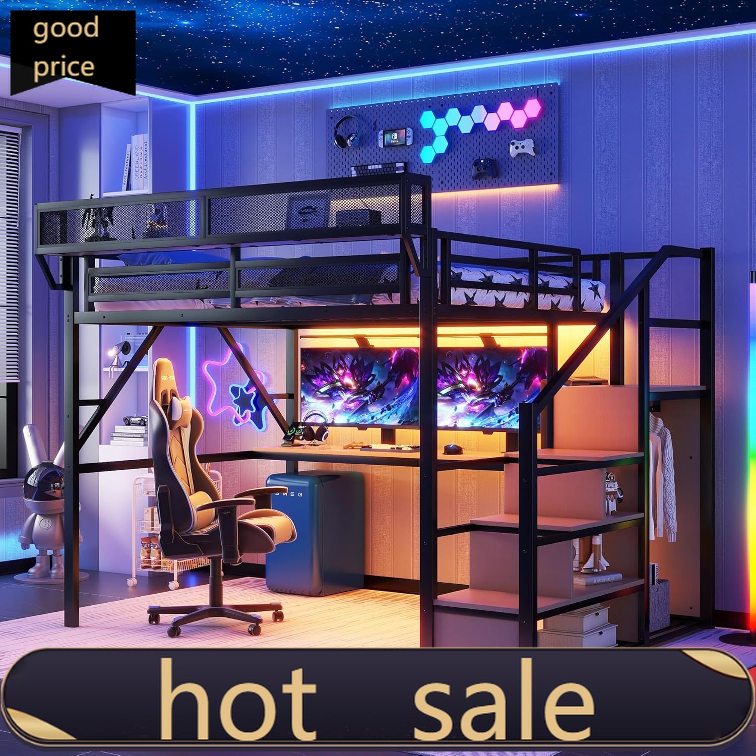 Canopy Bed Frame Metal Queen - Mirightone Queen-Loftbett mit Schreibtisch und RGB-Beleuchtung,