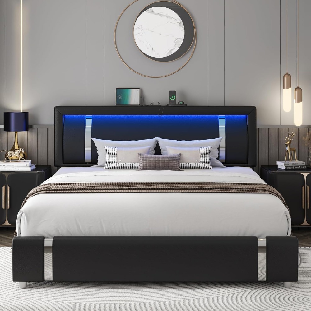 Canopy Bed Frame Metal Queen - Modernes Queen-Size Polsterbett aus Kunstleder mit