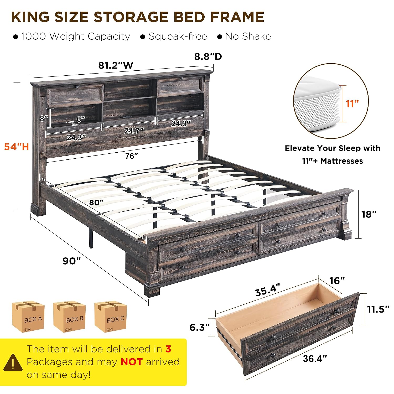 Kingsize-Bettgestell, 54 Zoll  – King Size Bed Frame With Storage Drawers Bewertung und Preis